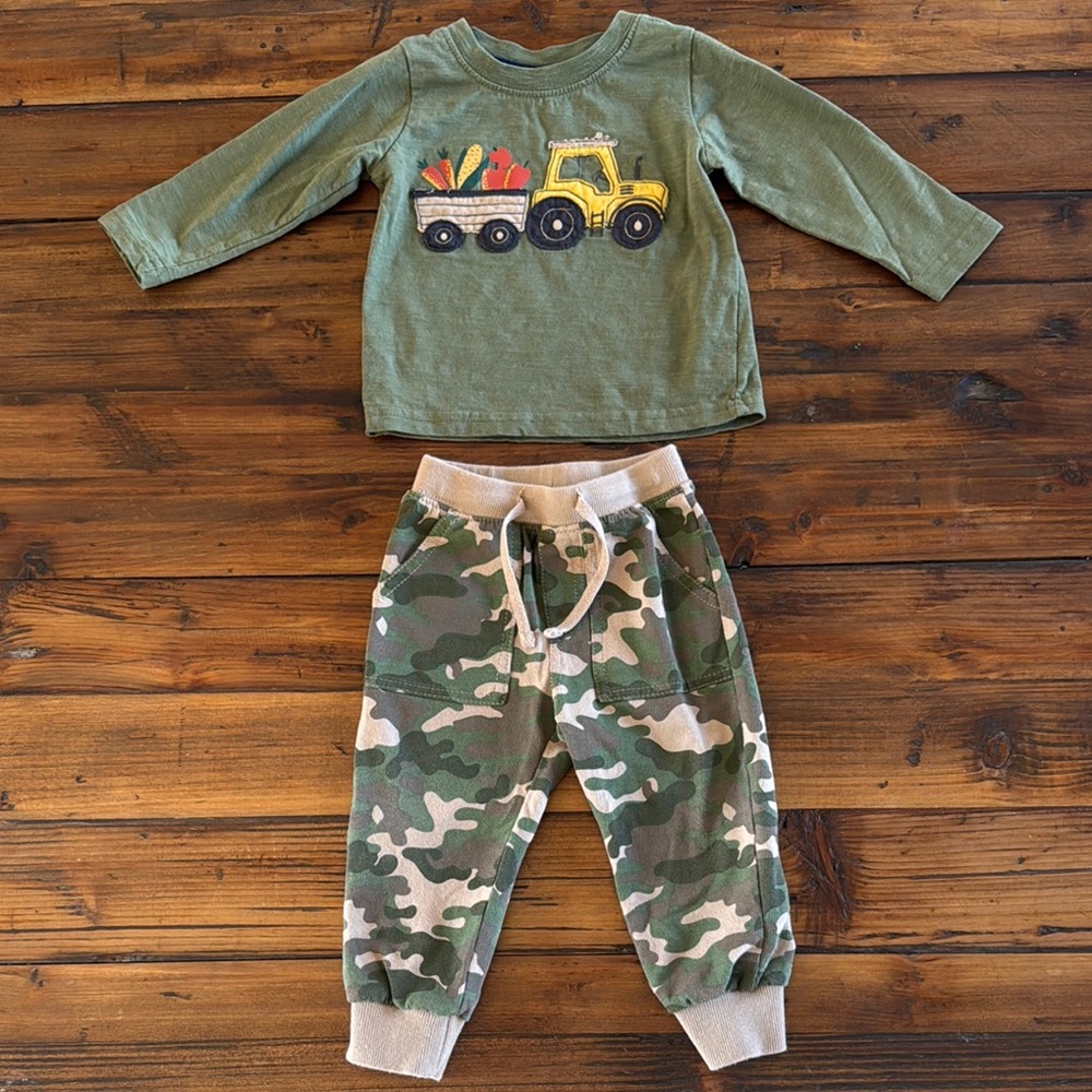 Green Tractor Long Sleeve Shirt and Camo Pants Set